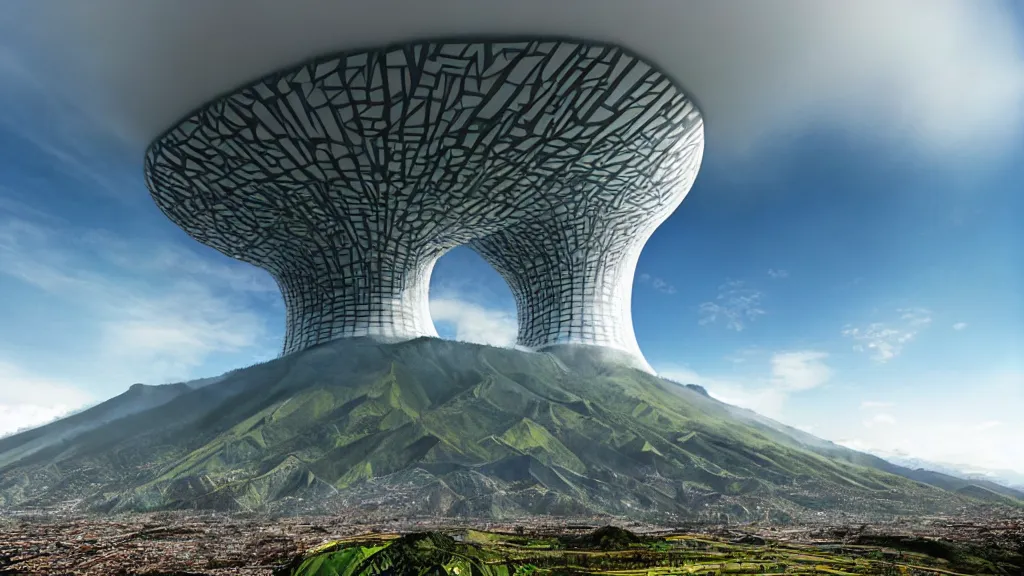 Image similar to Epic Giant Nuclear Reactor over the mountain valley of Quito, Ecuador; by Oswaldo Moncayo and Vincent Callebaut; Art Direction by James Cameron;