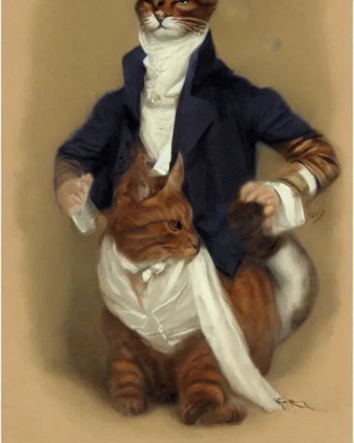 Image similar to cute brown cat with serious expression wearing regency era menswear in navy and white, thomas lawrence, greg rutkowski