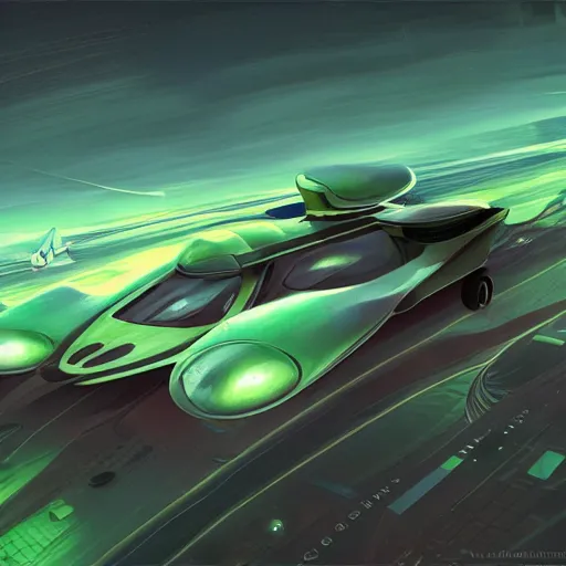 Image similar to solarpunk hovercar, clean energy, green technology, batoidea shape, scifi, sunny day, futurism, intricate, engines, autonomous, highly detailed, peaceful, utopia, bright, digital painting, advanced, artstation, concept art, smooth, sharp focus, epic landscape, art by akihiko yoshida and tim mcburnie and anato finnstark