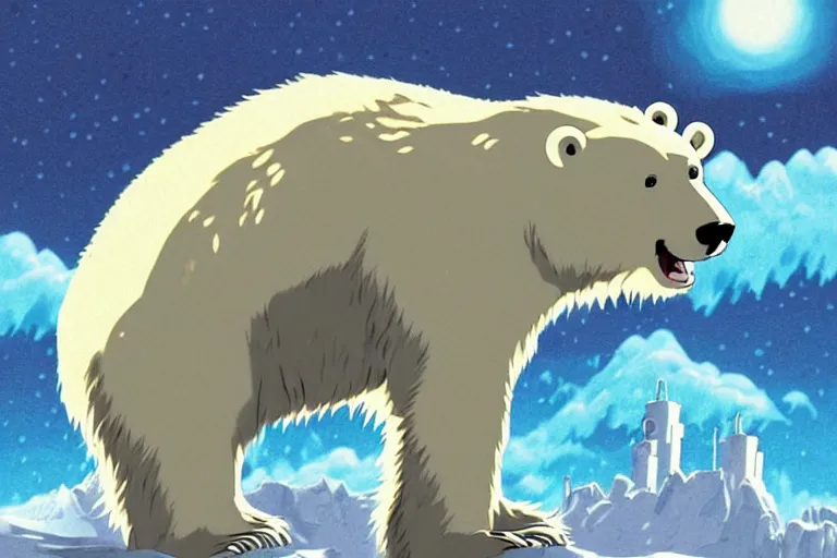 Prompt: cell shaded cartoon of a giant lovecraftian polar bear from howl's moving castle ( 2 0 0 4 ), with a mechanical city on his back as a backpack, on an icy road, full body, wide shot, very muted colors, post grunge, studio ghibli, highly detailed, deviantart, art by artgem