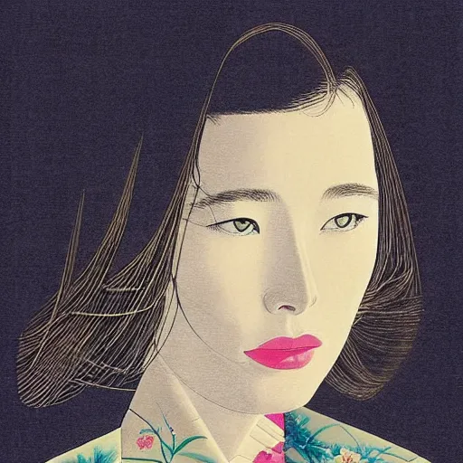 Image similar to “ jessica biel portrait by ikenaga yasunari and ayana otake and ko rakusui, 6 0 s poster, drawing, realistic, sharp focus, japanese, dreamy, nostalgia, faded, golden hues, floral clothes, porcelain skin ”