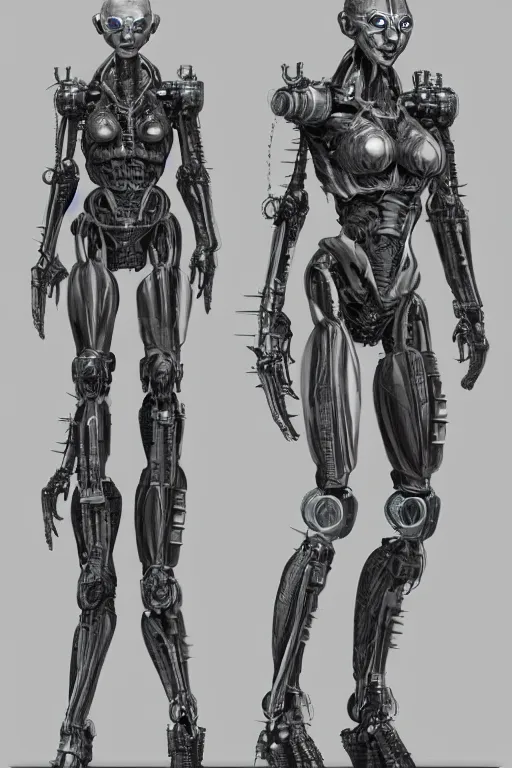 Image similar to cyborg mutant with gunmetal grey skin, medical anatomy, very symmetrical face, highly detailed, japanese mecha implants, three - perspective / three - view reference sheet ( front / back / side ), in the style of dan ouellette, dren from splice, hr giger, sil from species, artstation, unreal engine