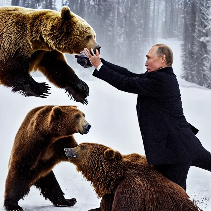 Image similar to russian president vladimir putin fighting with bear, 8 k, post - processing, extremely hyper - detailed, epic composition, masterpiece, stunning