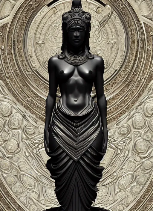 Image similar to stylized onyx black gold lines ornate statue full body made of marble of judas, perfect symmetrical body, perfect symmetrical face, hyper realistic, hyper detailed, by johannen voss, by michelangelo, octane render, blender, 8 k, displayed in bright studio room art deco