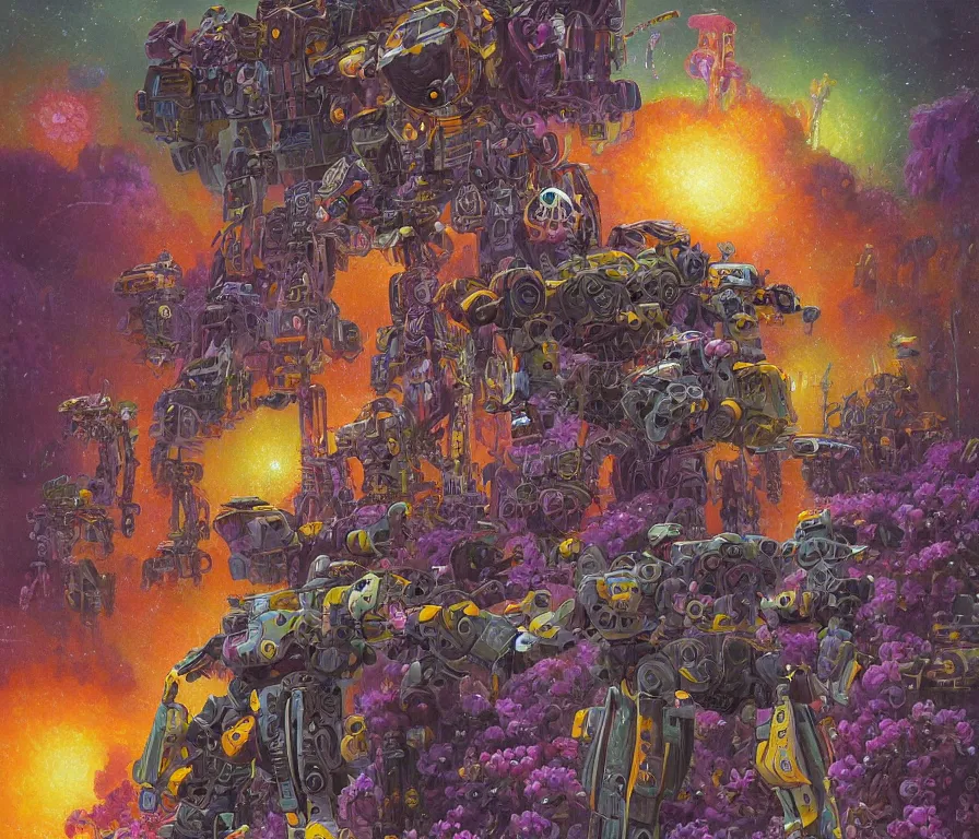Prompt: a battle mech war in a mystical field of flowers by paul lehr, detailed line drawing, intricate, hd, digital art, complementing colors, detailed, illustration painting by alex gray, digital art, moebius