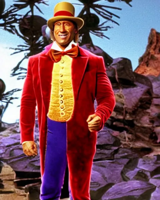 Prompt: Film still of Dwayne Johnson as Willy Wonka from the movie Willy Wonka & The Chocolate Factory