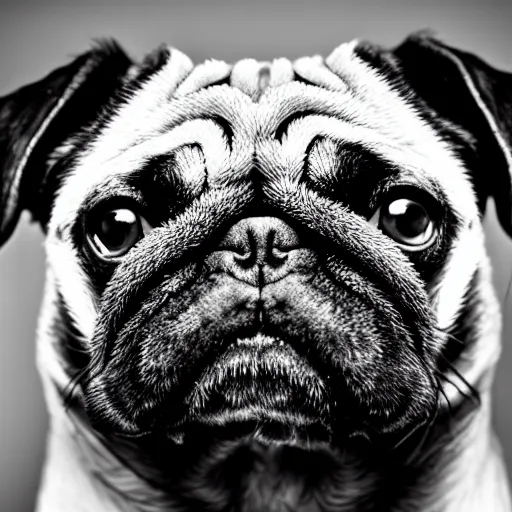 Prompt: portrait of a depressed pug dog with an emo haircut, intricate detail, high contrast, studio photo, well lit,