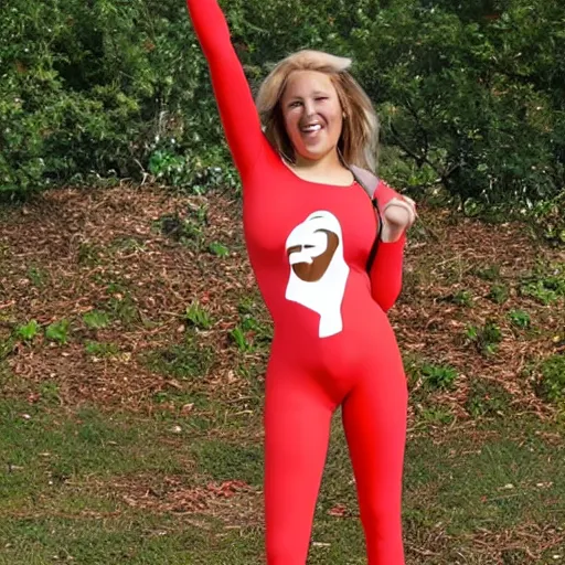 Image similar to woman in a tight KFC themed morph suit