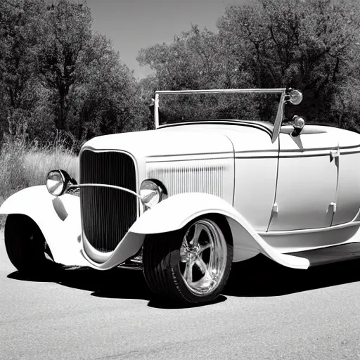 Image similar to a 1 9 3 2 ford roadster on route 6 6. black and white photograph 8 k.