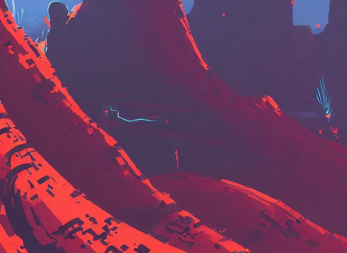 Image similar to an alien hostile volcanic canyon landscape, dynamic shadows, dynamic lighting, ilya kuvshinov, kyoani, hiroaki samura, yoshinari yoh, james jean, katsuhiro otomo, erik jones, cel shaded, anime poster, trending on artstation