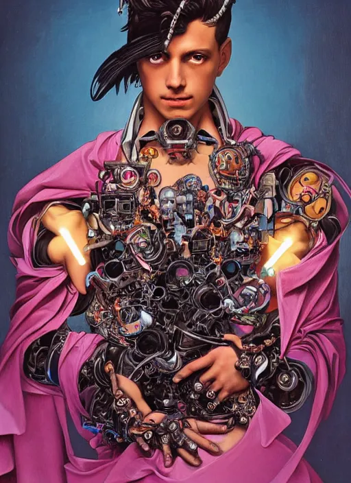 Image similar to full-body rococo and cyberpunk style sculpture of a young seductive Latino prince half android with a chest exposing circuitry, glowing pink seductive laser eyes, crown of blue sparks and diamonds, swirling orange-colored silk fabric, robotic raptors. baroque elements. full-length view. intricate artwork by caravaggio. art by Artgerm and Greg Rutkowski and Alphonse Mucha, Trending on artstation, cinematic industrial lighting, hyper realism, octane render, 8k, depth of field, 3D