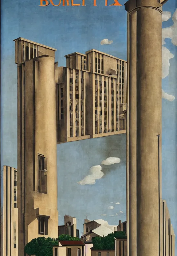 Prompt: [Poster! of Bordeaux in a stunning brutalism by Giorgio de Chirico, Rene Magritte, George Tooker, Titian]