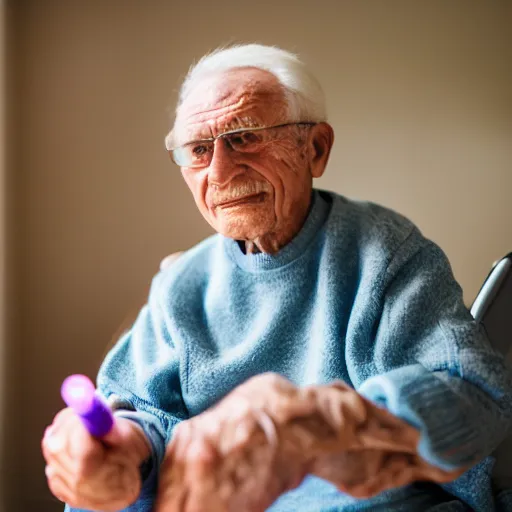 Prompt: elderly man with lightsaber in a nursing home, canon eos r 3, f / 1. 4, iso 2 0 0, 1 / 1 6 0 s, 8 k, raw, unedited, symmetrical balance, wide angle