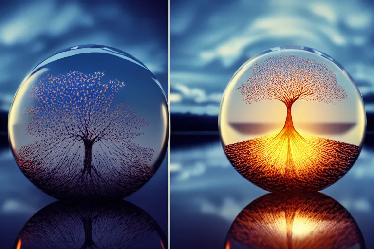 Prompt: glowing transparent crystal ball on a beautiful serene lake, radiant light, tree of life inside the ball, intricate details, reflections on the water, ripples, moody sky, hyperdetailed illustration, 8 k, octane render, low light