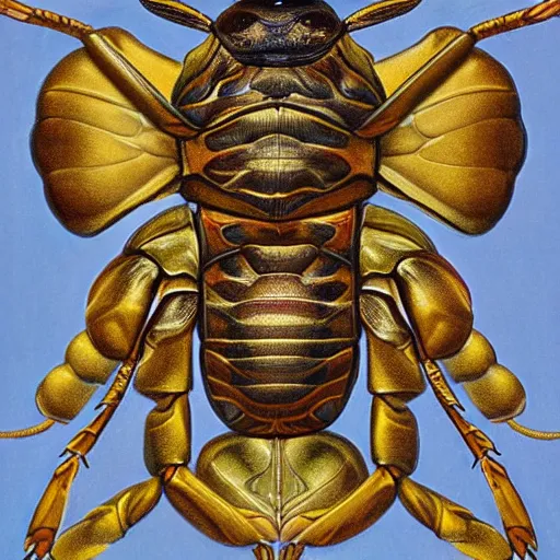 Image similar to A complex symmetric scarab insect, detailed and intricate, by Norman Rockwell , 8k