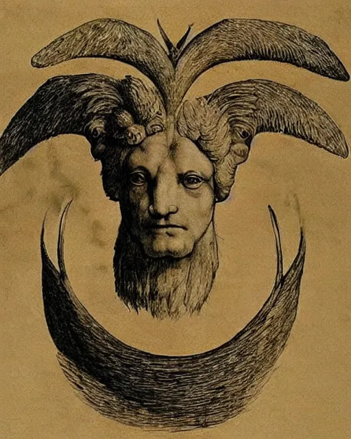 Image similar to human / eagle / lion / ox hybrid with two horns, one big beak, mane, human body. drawn by leonardo da vinci