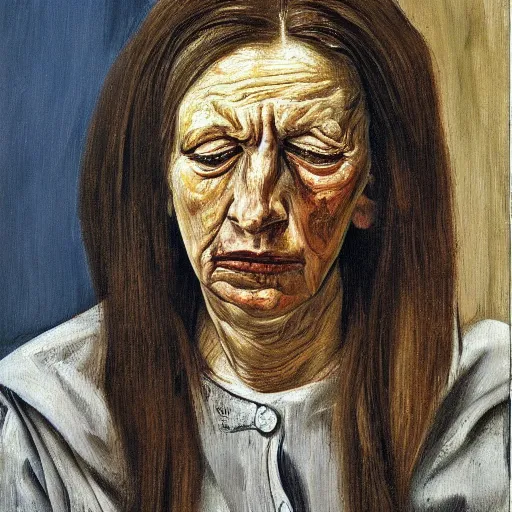 Image similar to Oil painting Portrait of a sad Woman, by Lucian Freud, Abstract brush strokes, Masterpiece