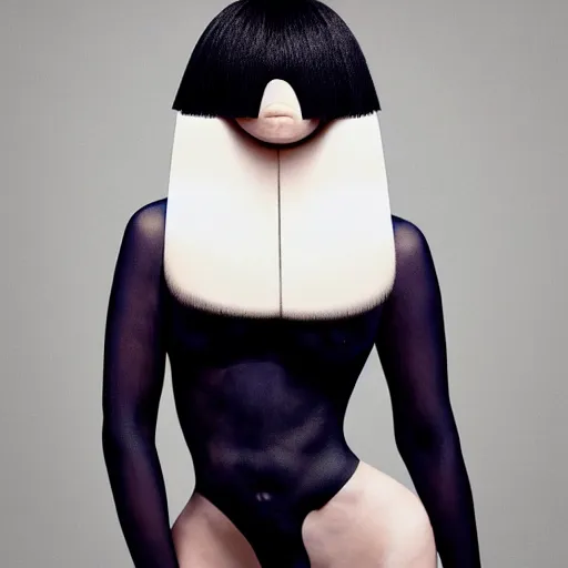 Prompt: Sia Furler wearing a leatoard full body photoshoot