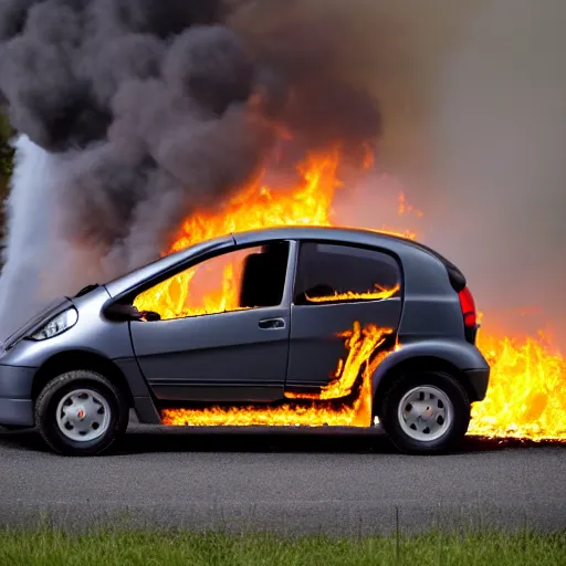 Prompt: High definition, professional photo of a Peugeot 1007 that is on fire, 8k