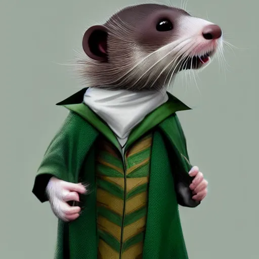 Image similar to a anthropomorphic ferret is dressed as a hogwarts student in slytherin robes, hyperdetailed, artstation, cgsociety, 8 k