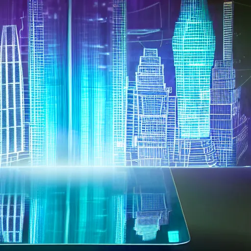 Prompt: hologram of futuristic city on a table, 1 2 0 mm, cinematic