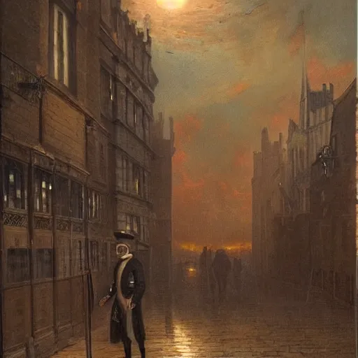 Image similar to Owl-faced man in a noble outfit soaring above the streets of a Victorian London at dusk, atmospheric painting, etheral