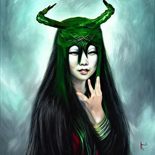 Prompt: realistic Portrait painting of Sadako as Lady Loki, made by Thomas Kinkade, horror,physical painting, Sharp focus,digital art, bright colors,fine art, trending on Artstation, unreal engine.