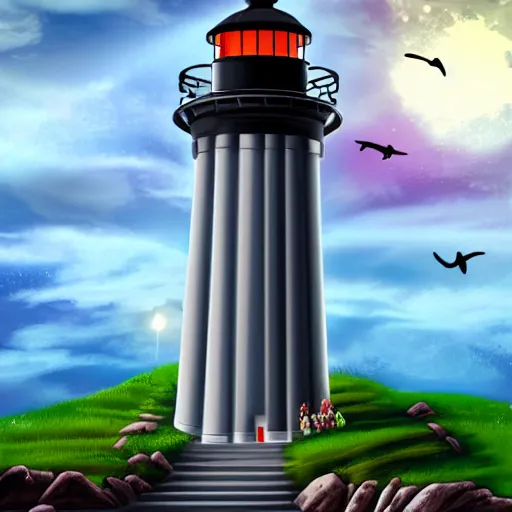 Prompt: futuristic version of a lighthouse in a dream world