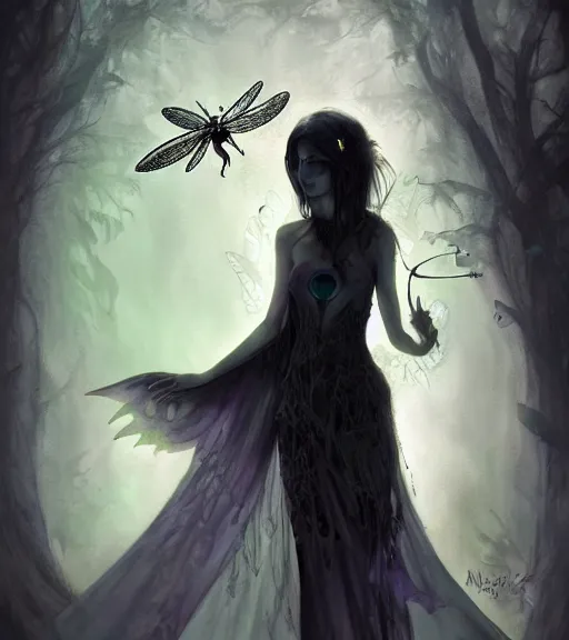 Image similar to gothic fairy with dragonfly wings, digital painting, liminal eerie midnight backlit, a picture taken by Michael Komarck