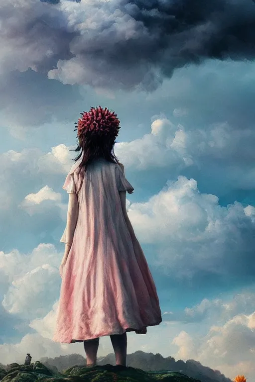 Image similar to closeup girl with giant dahlia flower head, standing on mountain, surreal photography, blue storm clouds, dramatic light, impressionist painting, digital painting, artstation, simon stalenhag