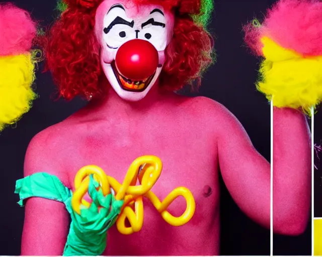 Image similar to mischief the clown, interface, umami, youtube series, pink monster clown, red lips with yellow teeth, big red nose, large yellow eyebrows, pink spaghetti body