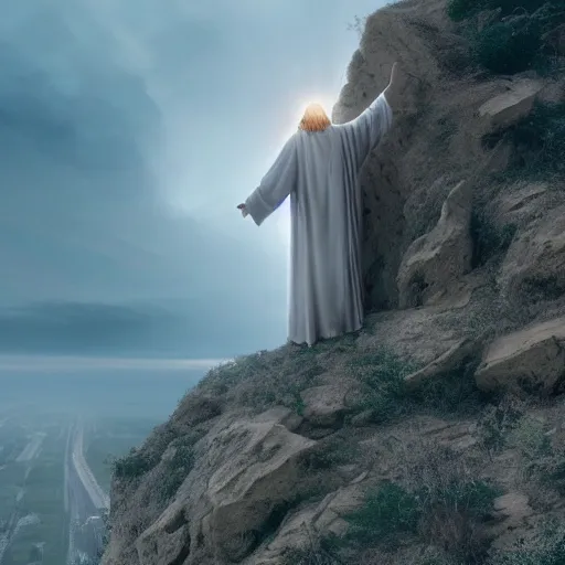 Image similar to Jesus Christ rising out from a tomb in a cliff side, cinematic perspective, movie shot, 8k, full hd