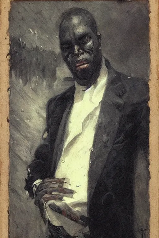 Image similar to portrait of a contract killer, a black man in a pristine white dress shirt. his eyes are collapsing black pits of darkness. horror. art by gaston bussiere.