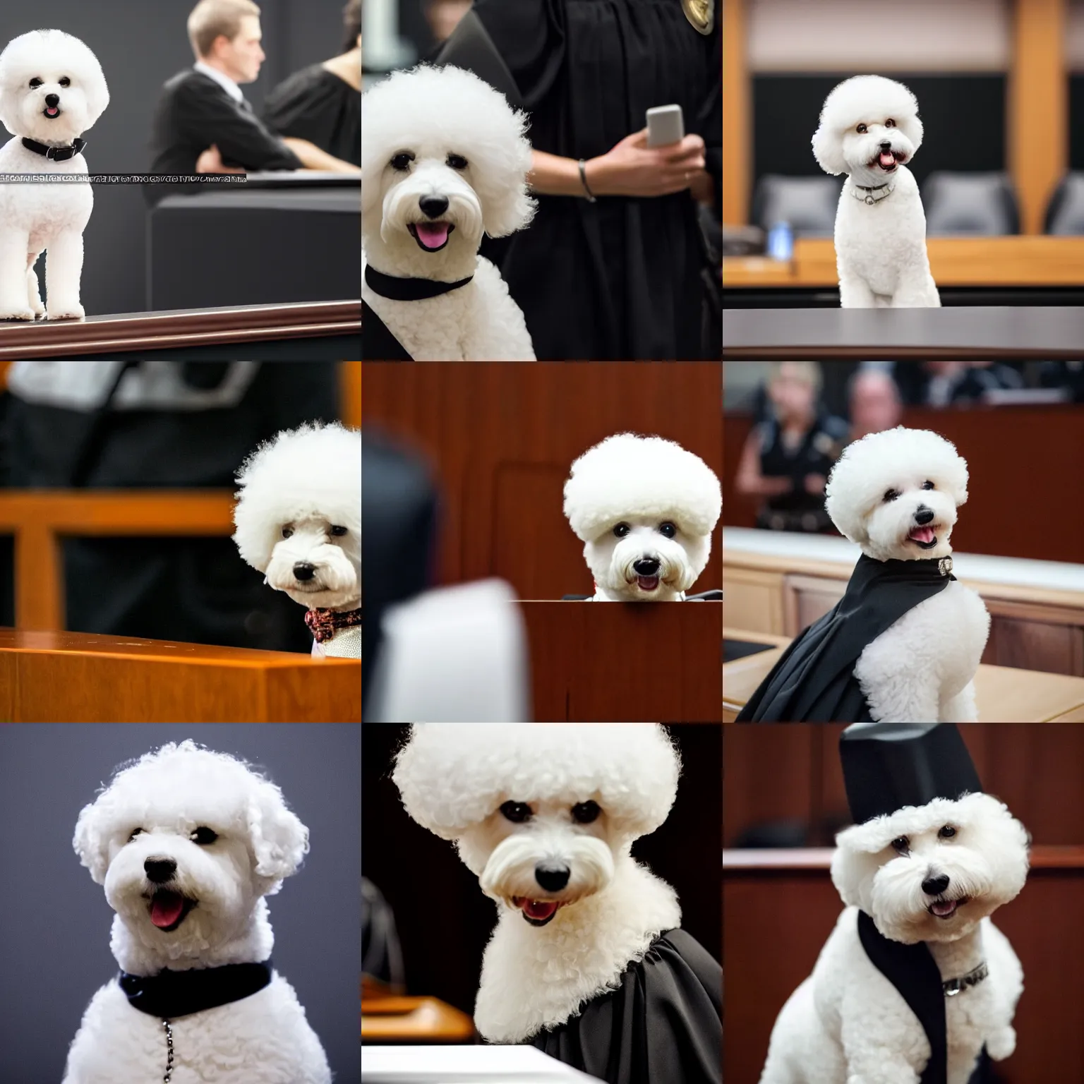 Image similar to a closeup photorealistic photograph of a cute smiling white bichon frise judge wearing a black gown and speaking to the courtroom. this 4 k hd image is trending on artstation, featured on behance, well - rendered, extra crisp, features intricate detail, epic composition and the style of unreal engine.