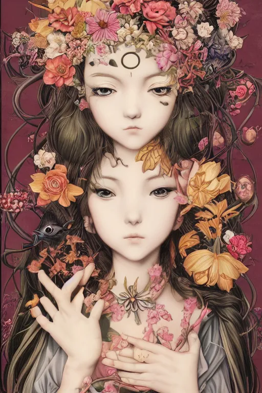 Prompt: anime portrait of a bird woman with exotic flowers on her head, detailed girl, high resolution 4k by Trevor Brown and James Jean pop art nouveau, Mark Ryden, vintage