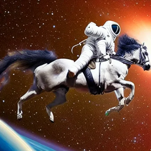 Prompt: photo of an astronaut riding a horse in space, realistic