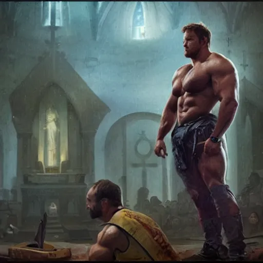 Prompt: bodybuilder chris pratt at church geog darrow greg rutkowski