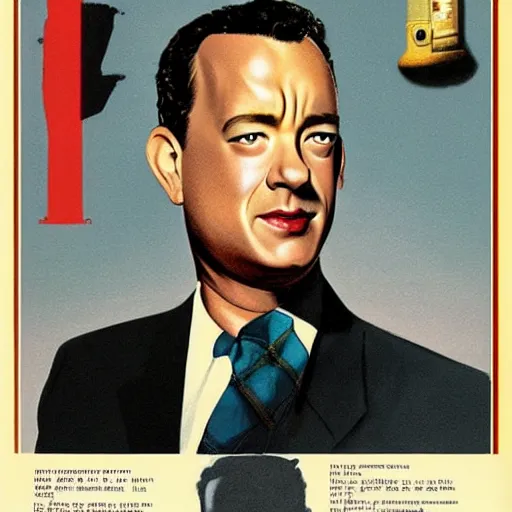 Prompt: “Tom Hanks portrait, color vintage magazine illustration 1950”