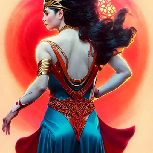 Prompt: kristine hermosa as darna, volumetric lights, red and cyan theme, art nouveau botanicals, intricate, highly detailed, digital painting, artstation, concept art, smooth, sharp focus, cinematic, illustration, beautiful face, art by artgerm and greg rutkowski and alphonse mucha