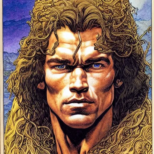 Image similar to a realistic, very beautiful and atmospheric portrait of young arnold schwarzenegger as a druidic warrior wizard looking at the camera with an intelligent gaze by rebecca guay, michael kaluta, charles vess and jean moebius giraud