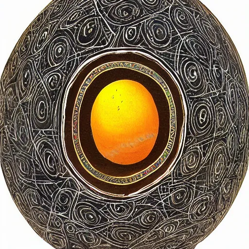 Prompt: pahari painting of golden cosmic egg