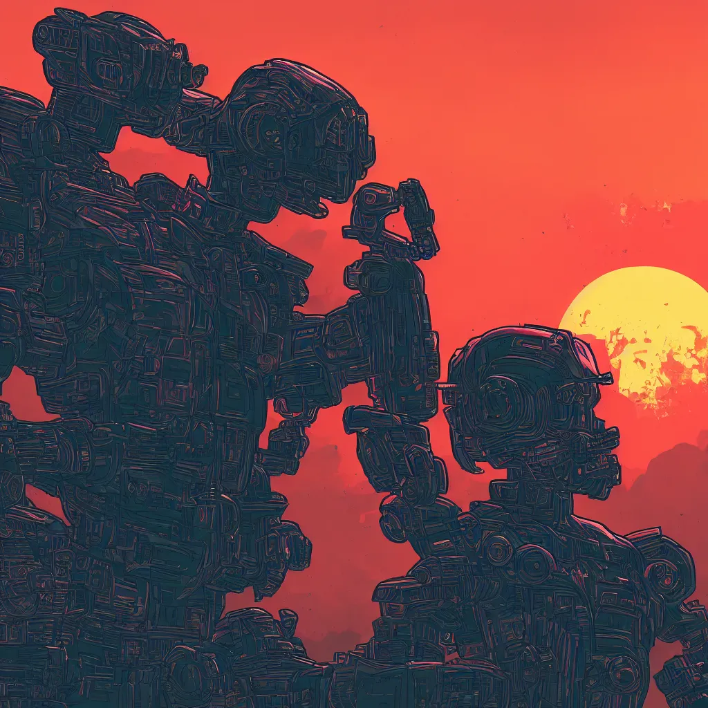 Image similar to in the style of max prentis and deathburger and laurie greasley a close up of a young explorer wearing a cyberpunk headpiece sitting on the head of a giant robot watching the sunset in the distance, highly detailed, 8 k wallpaper