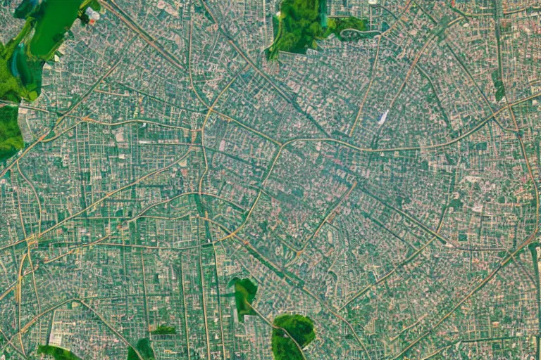 Prompt: satellite image of a large Soviet city with a large square green park in the middle