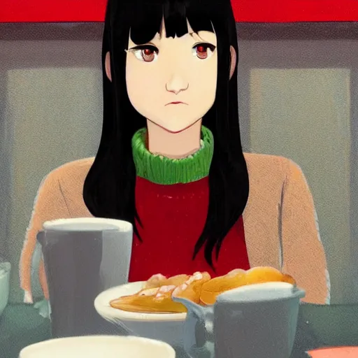Prompt: a portrait of a beautiful girl with long black hair and bangs, wearing a red turtleneck sweater, she has red colored eyes and pale skin, sitting in a cafe alone, cozy cafe background, night time, rainy weather outside, low-key neon lighting, 4k, HQ, official media, anime key visual, makoto shinkai, ilya kuvshinov, lois van baarle, rossdraws, highly detailed, trending on artstation