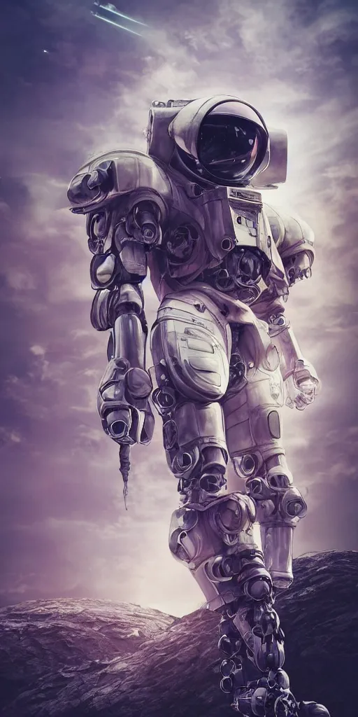 Image similar to portrait of a mecha astronaut alone on a distant planet with a spaceship destroyed, octane render, trending on artstation, hyperrealistic, character photography