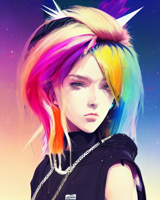 Prompt: poster woman with futuristic streetwear and spiky hair, colourful, pretty face, intricate eyes, elegant, Anime by Kuvshinov Ilya, Cushart Krentz and Gilleard James, 4k, HDR, Behance Trending on artstation, award winning