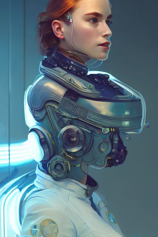 Prompt: portrait futuristic Airforce pilot Girl, in future airport rooftop , ssci-fi, fantasy, intricate, very very beautiful, elegant, human anatomy, neon light, highly detailed, digital painting, artstation, concept art, smooth, sharp focus, illustration, art by tian zi and WLOP and alphonse mucha