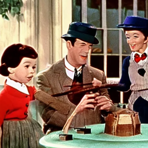 Image similar to Deleted scene from 1964 Mary Poppins movie where she teaches the children how to smoke Cuban cigars