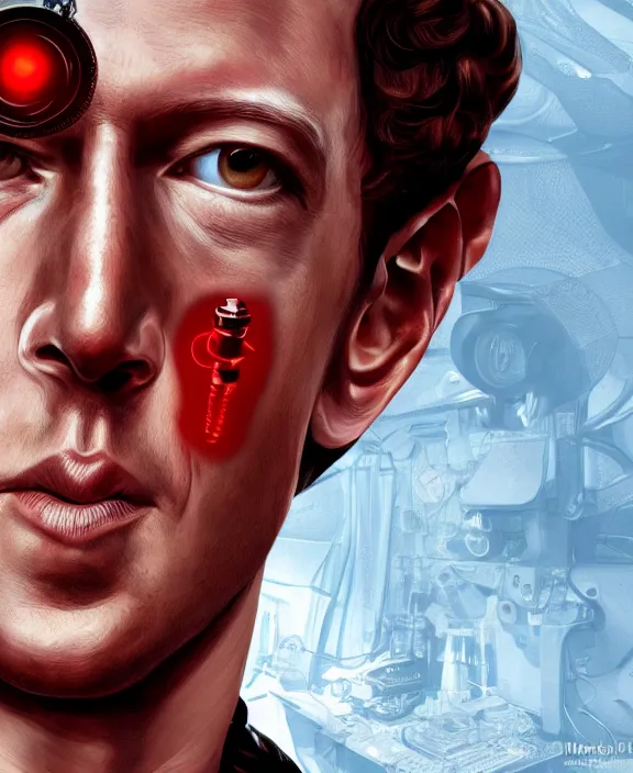Image similar to Mark Zuckerberg with a glowing red steampunk eye implant by Steohan Martiniere and Moebius, 4k resolution, detailed