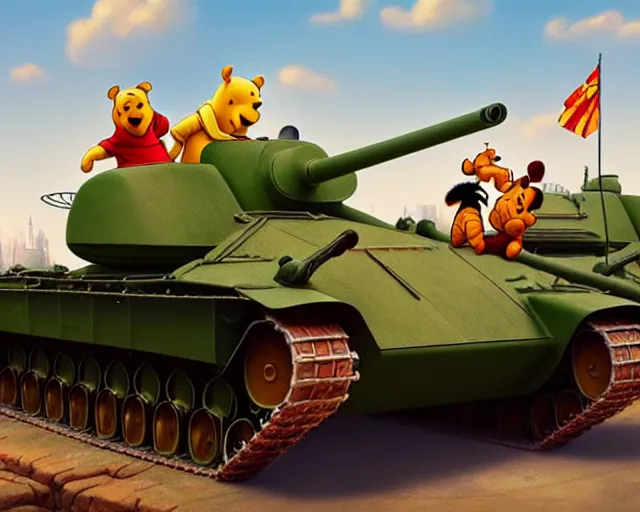 Image similar to winnie the pooh protesters sit down in front of tank at tiananman square, cute and cuddly, highly detailed, photorealistic, octane render, 8 k, unreal engine. art by artgerm and greg rutkowski and alphonse mucha